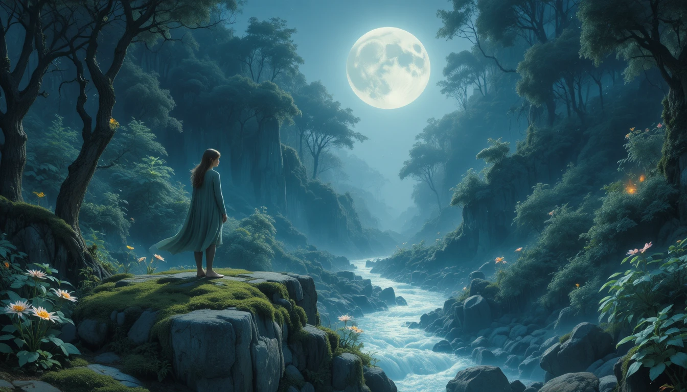 Ethereal elf on ancient stone in moonlit forest