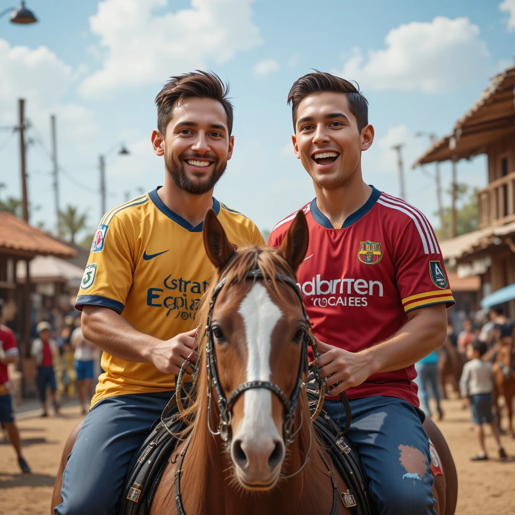 Dois astros gordinhos do futebol cavalgando por uma vila