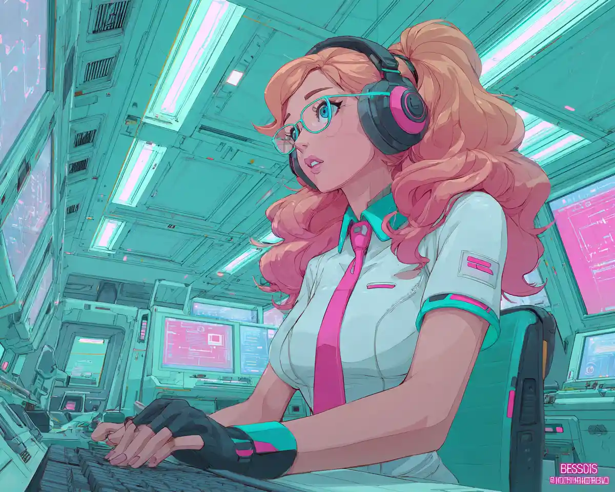 Operatrice ragazza anime nella baia di controllo di un'astronave illuminata al neon