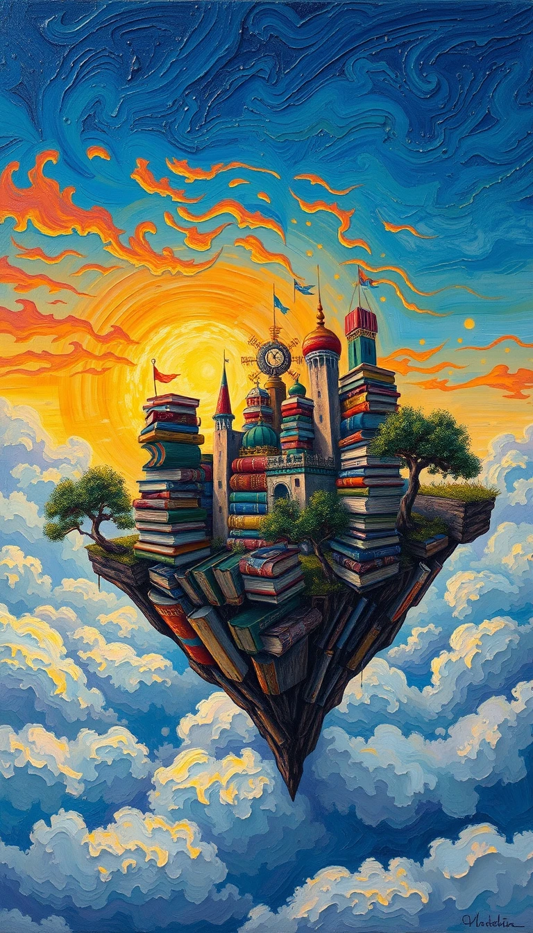 Ciudad flotante de libros sobre nubes brillantes al atardecer