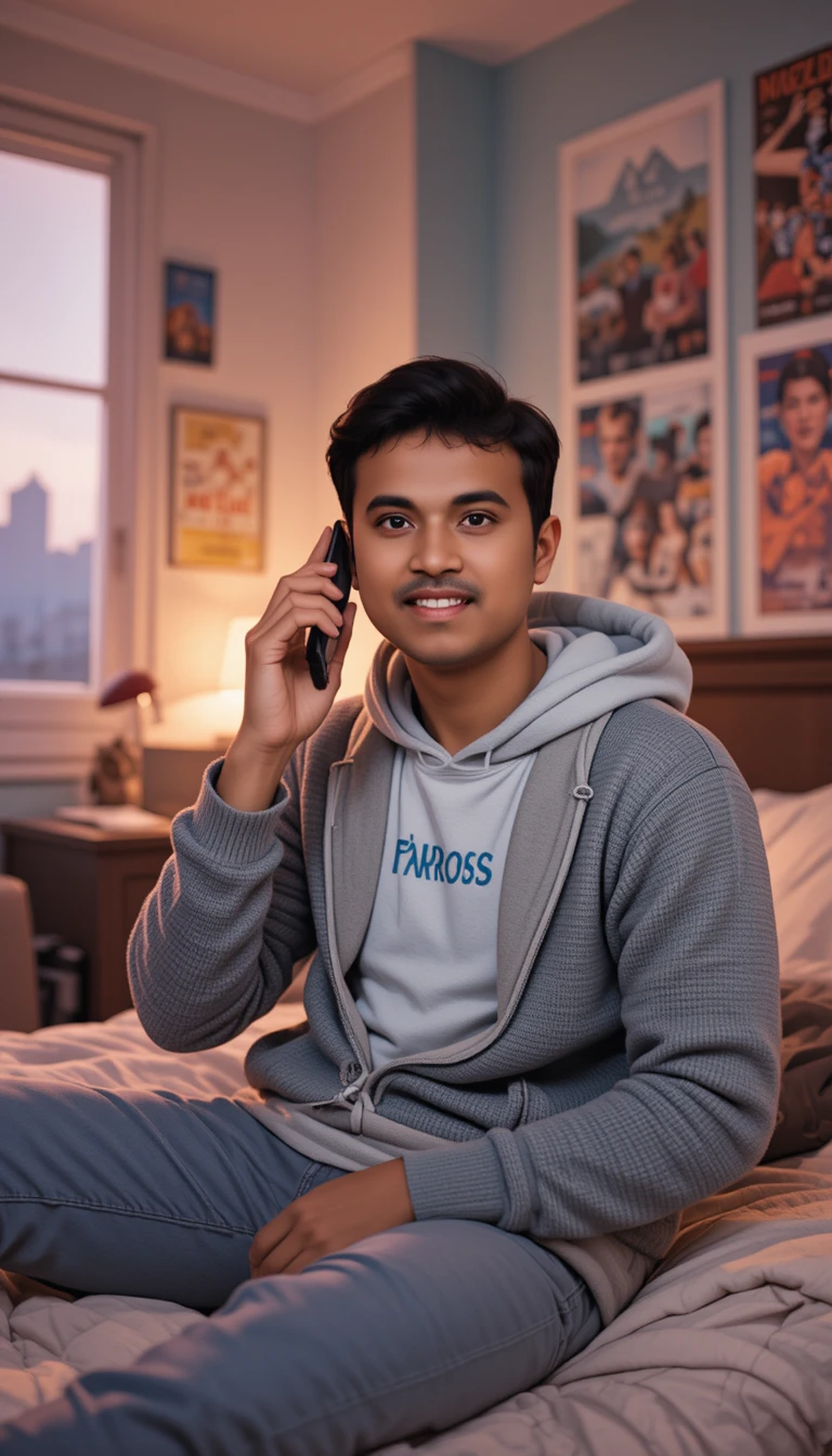 Teenage Indian boy on bed talking happily on phone
