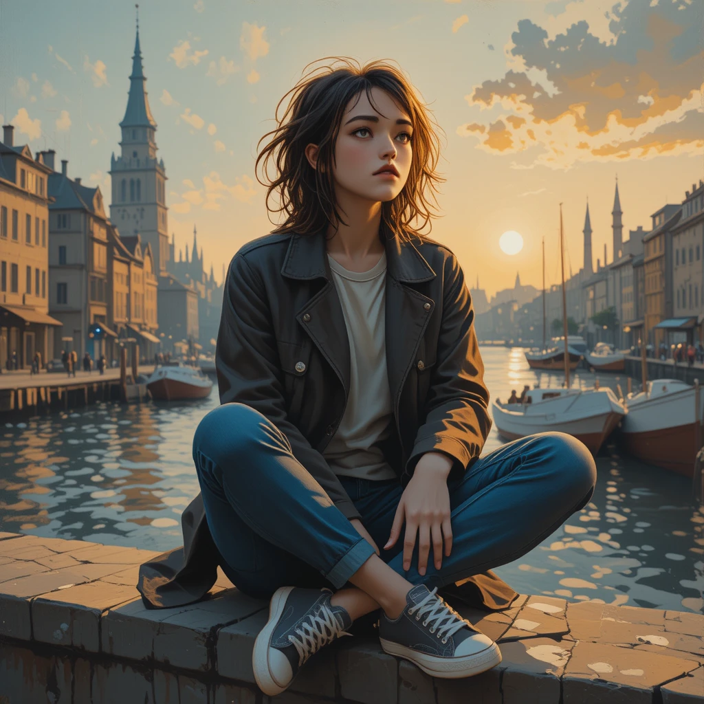 Young woman on stone wall in sunset harbor city