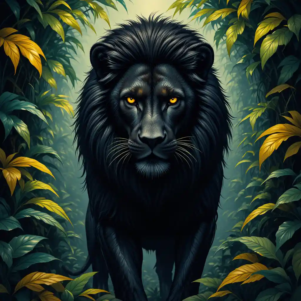 Black lion with golden eyes in a lush jungle