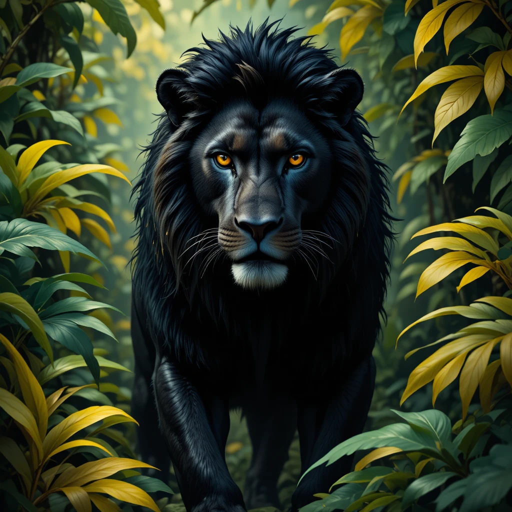León oscuro con ojos dorados en una jungla colorida