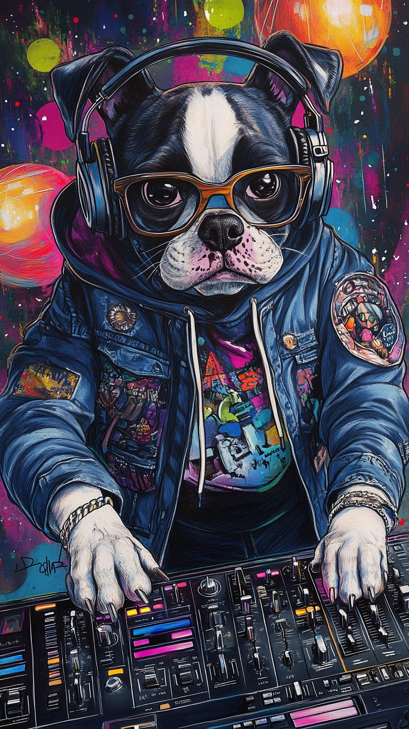 Perro DJ antropomórfico con gafas en una discoteca vibrante