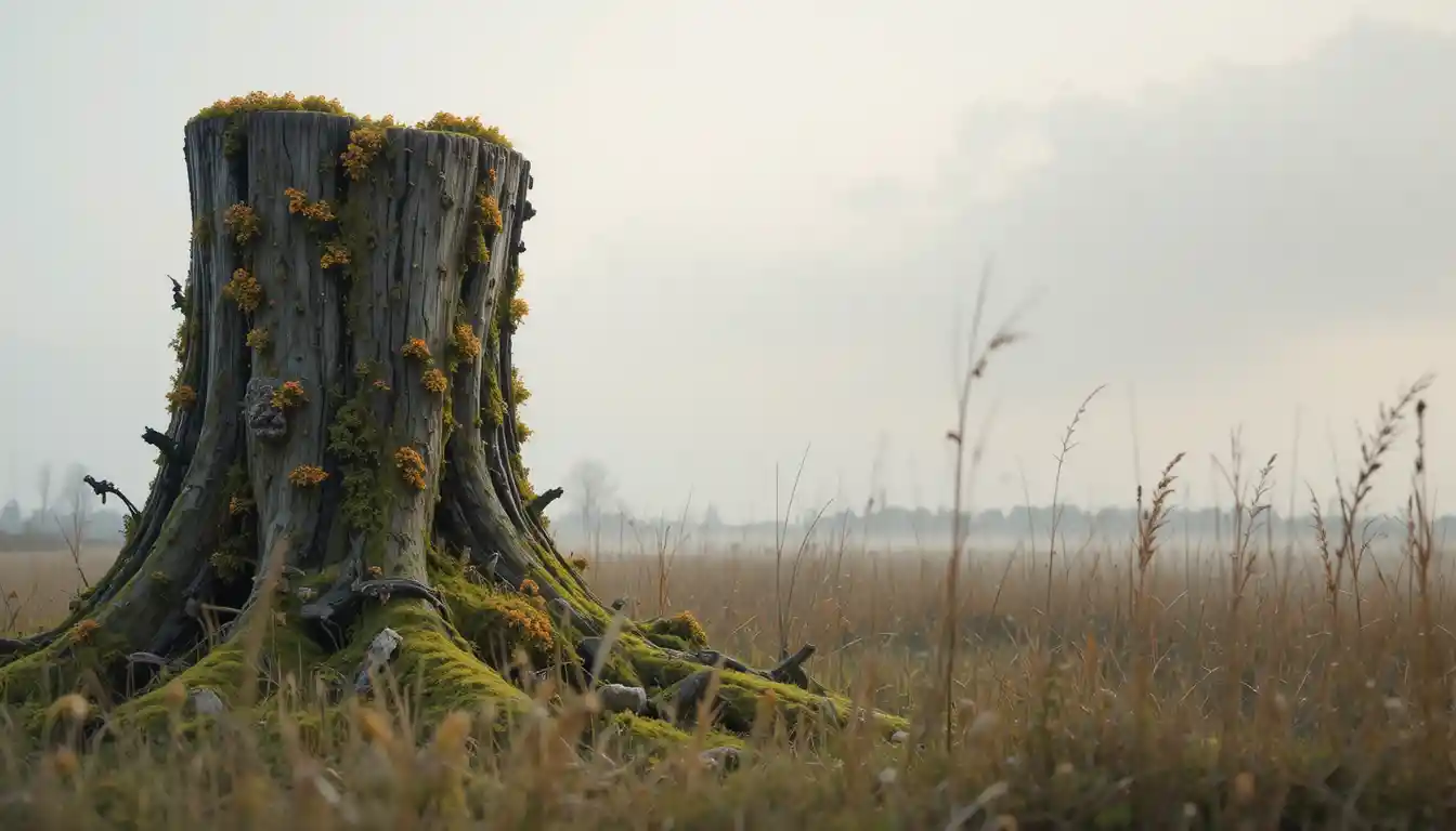 Ancient mossy tree stump in tall still grass at dawn