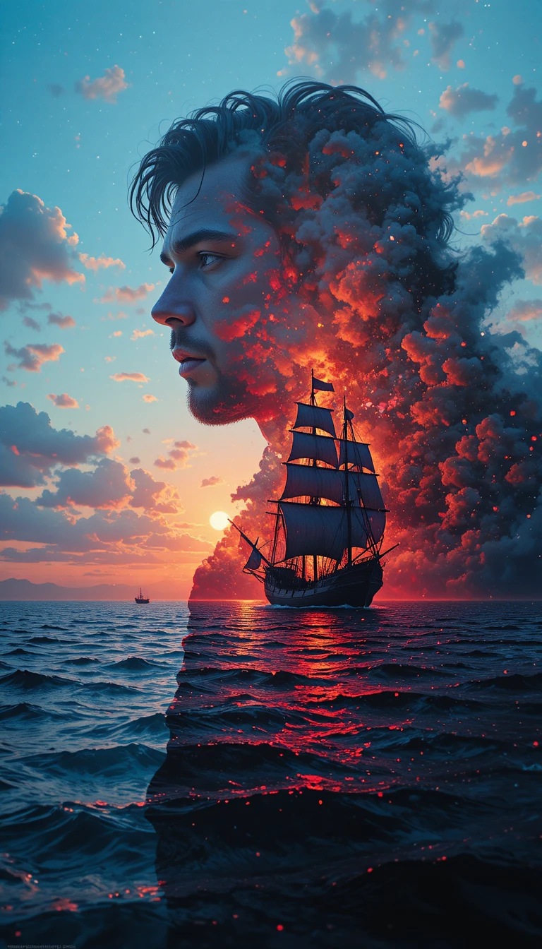 Silhouette surreale di marinaio con nave al tramonto rosso sul mare