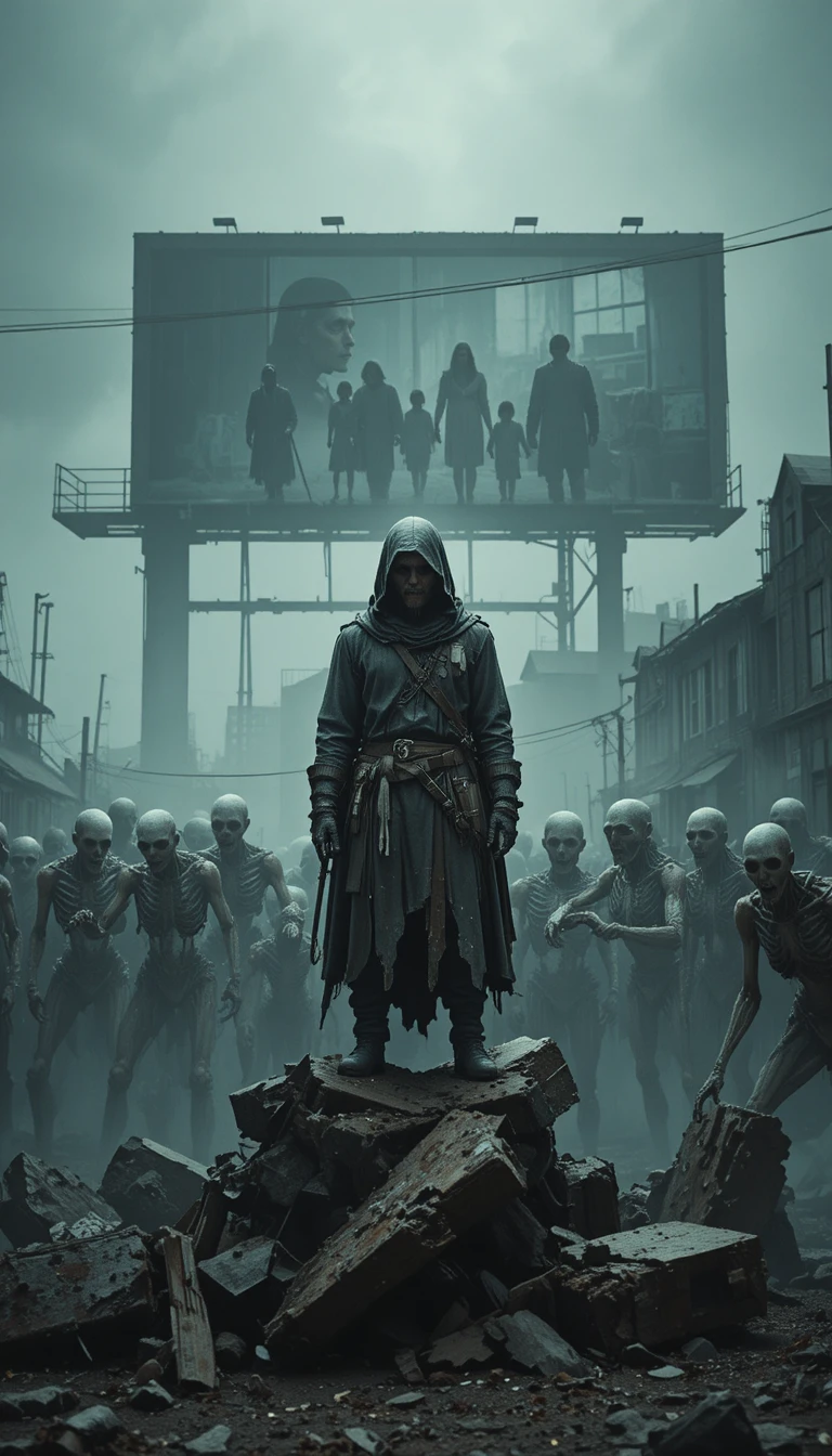 Hooded wanderer facing undead horde in ruined wasteland