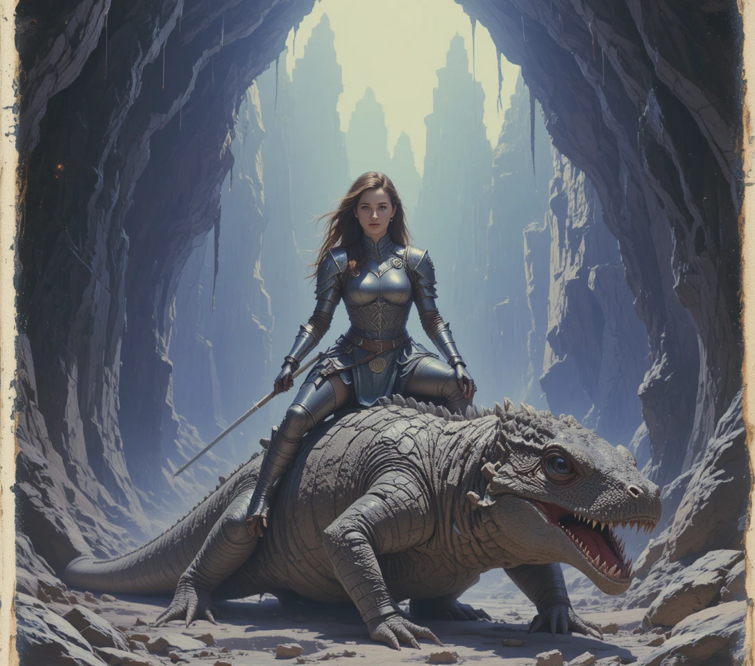 Armored warrior woman standing over golden reptilian monster