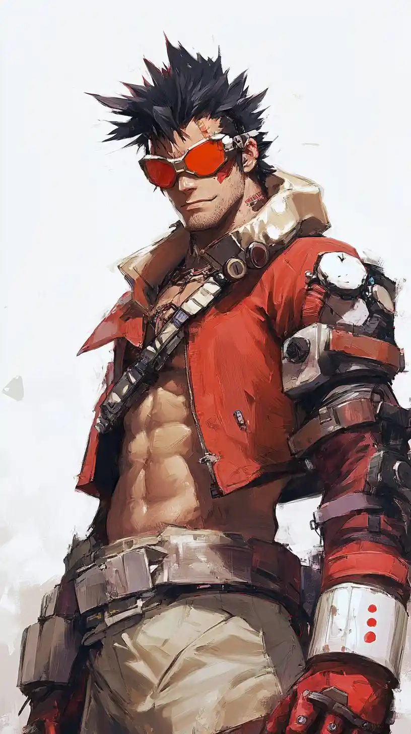 Tall crimson skinned muscular man with metal gauntlets