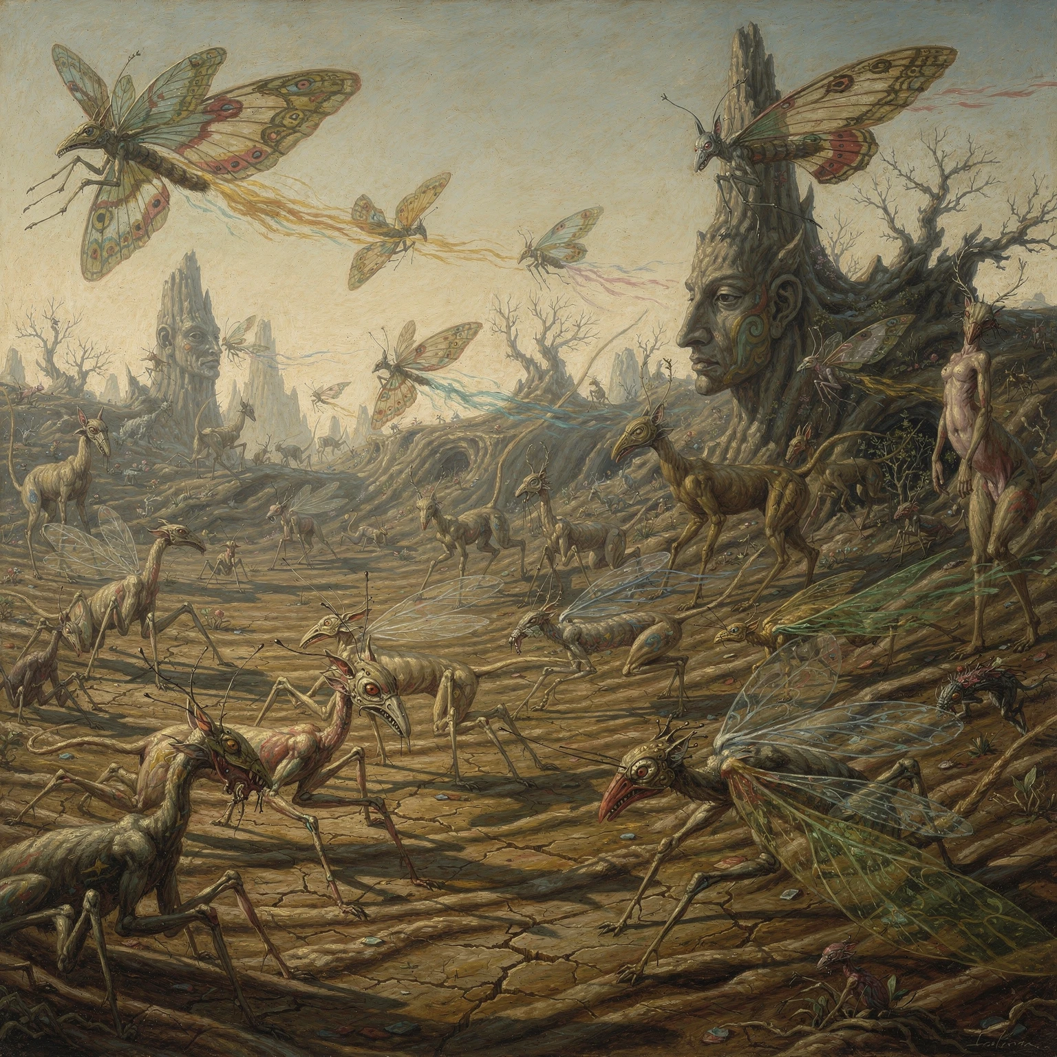 Paysage onirique surréaliste avec d’étranges créatures fantastiques en mouvement