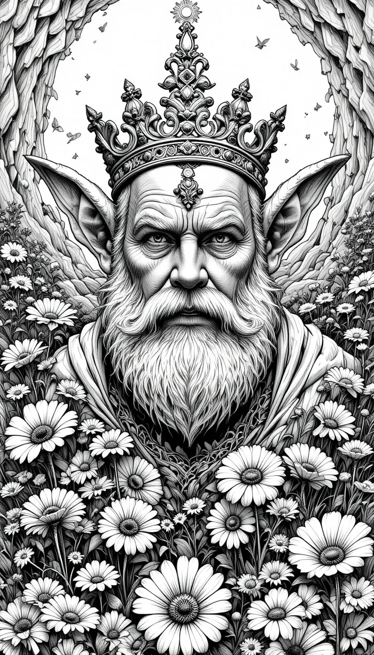 Anciano barbudo con corona entre flores detalladas