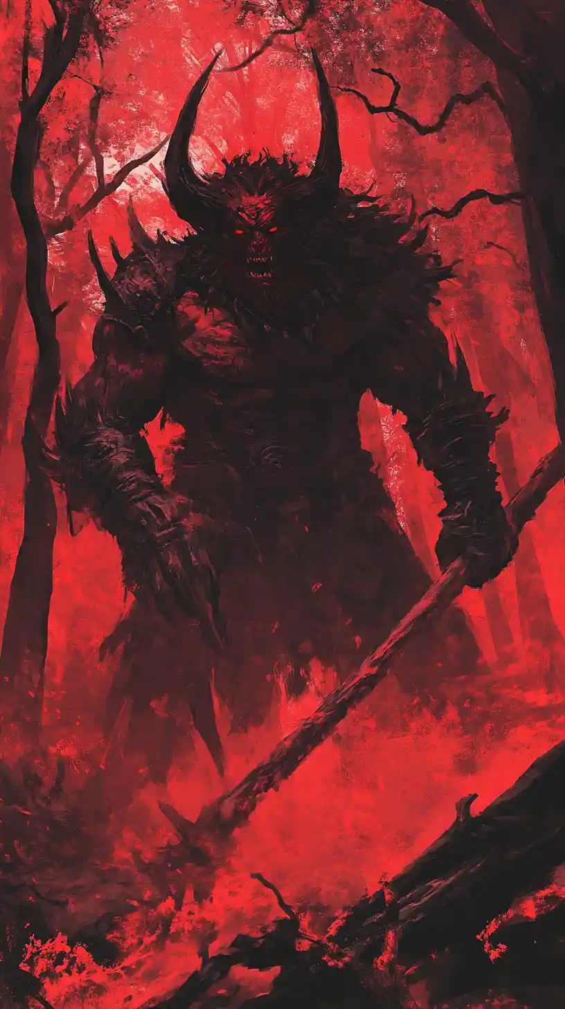 Crimson Oni Demon With Iron Club In Haunted Forest