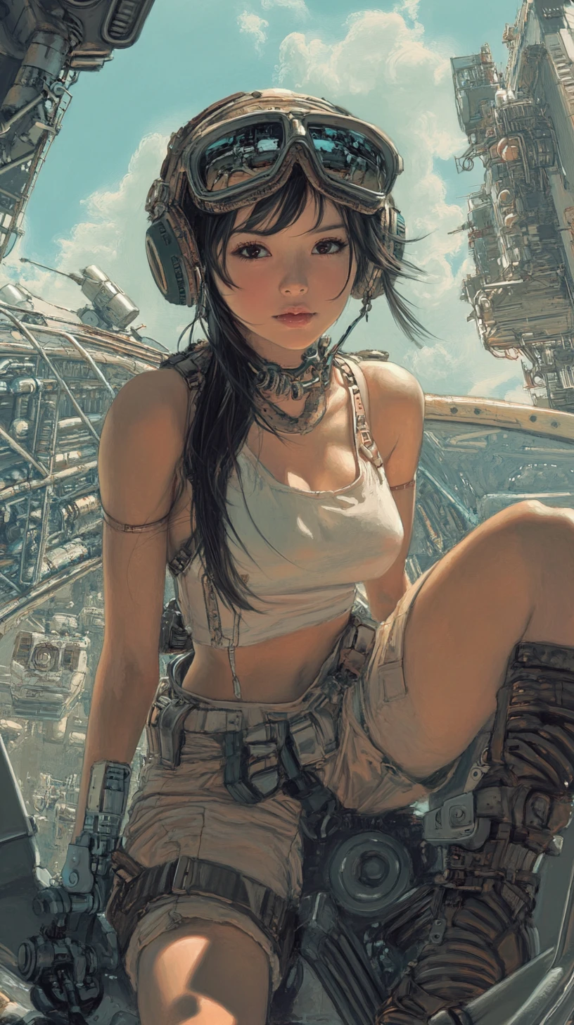 Retro anime girl on blue hovercraft above sunny hills