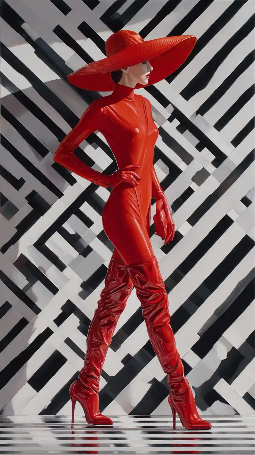 Elegante Frau in Rot vor kräftigem geometrischem abstrakten Gitter