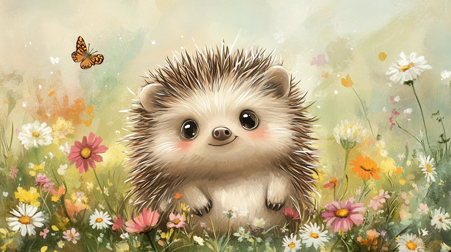 Cute baby hedgehog in a sunny watercolor meadow