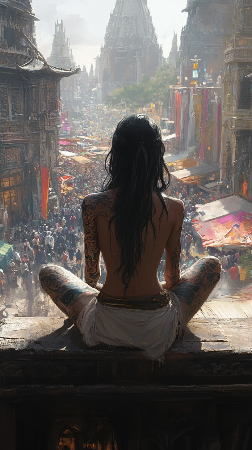 Tattooed anime girl above an ancient tower market