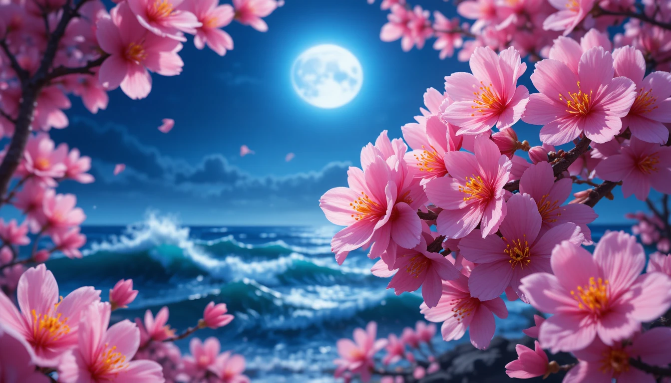 Cherry blossoms over moonlit ocean waves in digital art