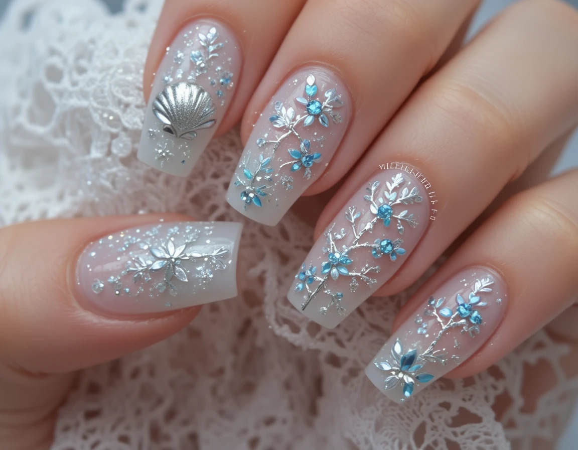 Manicura invernal con nail art en plata helada y azul
