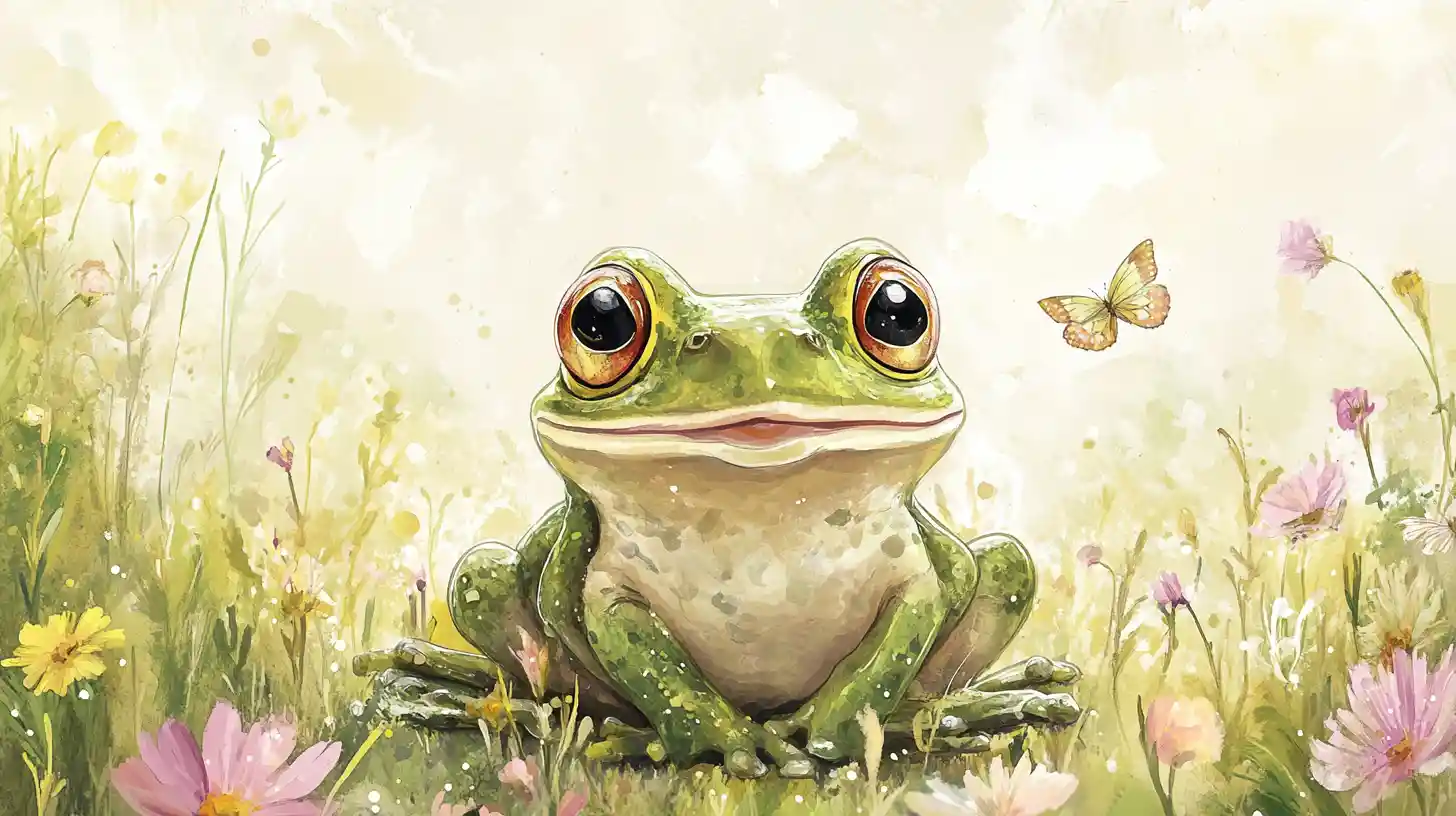 Cute baby frog in a sunny watercolor meadow