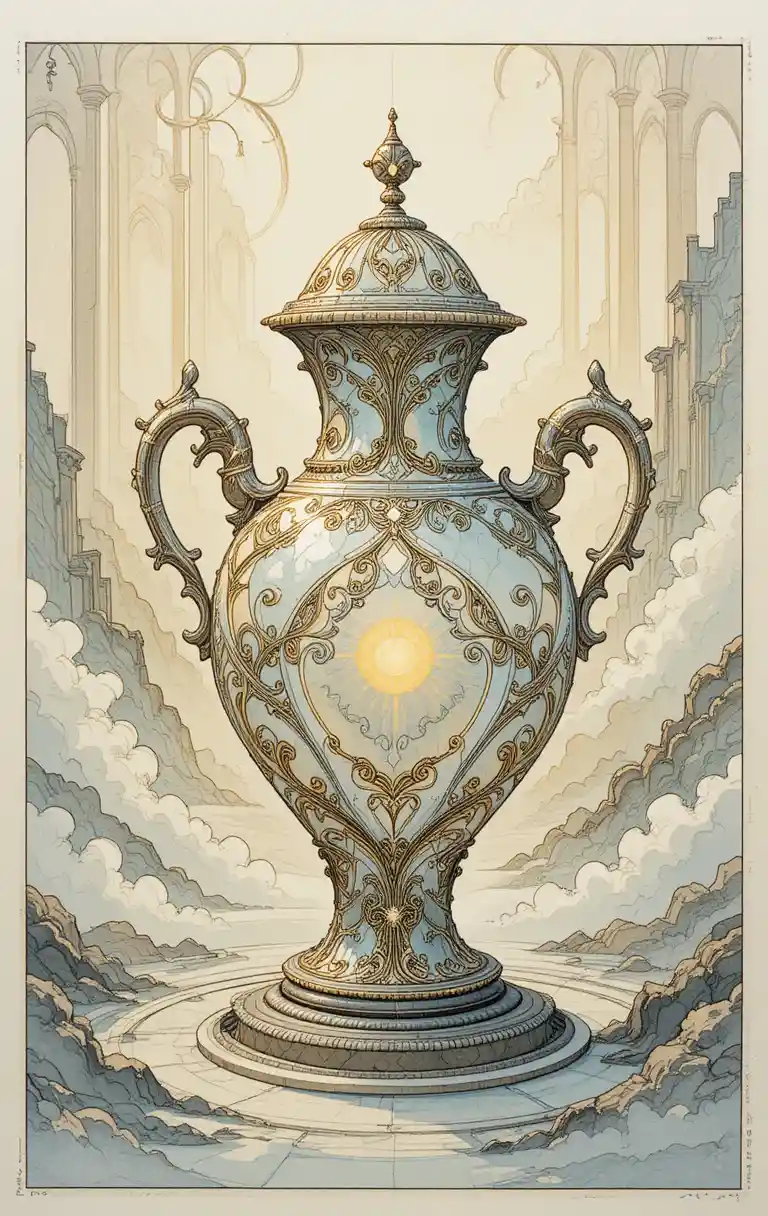 Tintenillustration einer antiken Vase im sanften goldenen Licht