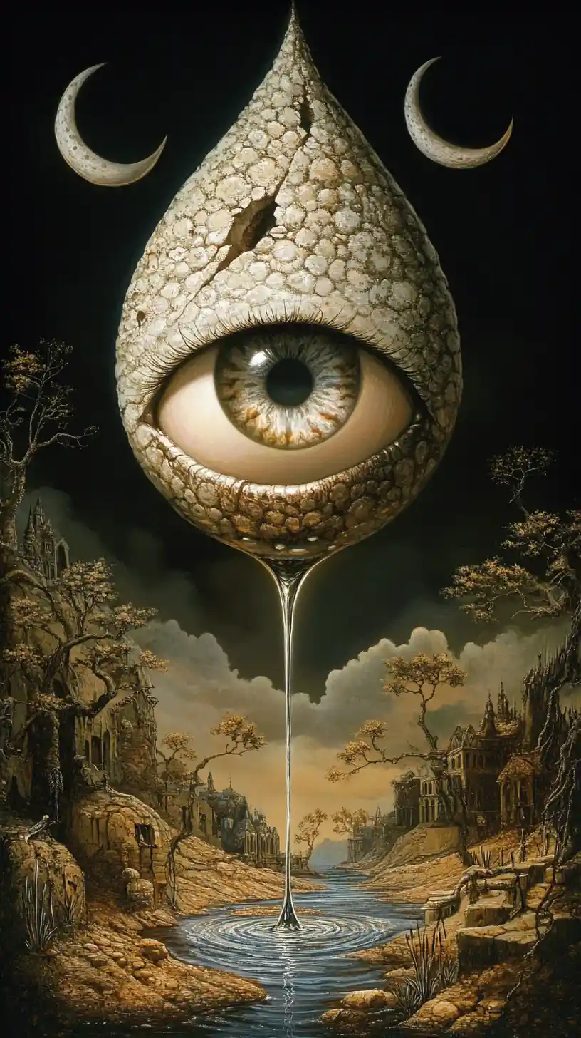 Goutte d’Eau Surréaliste avec Yeux au‑dessus d’un Paysage Gothique au Clair de Lune