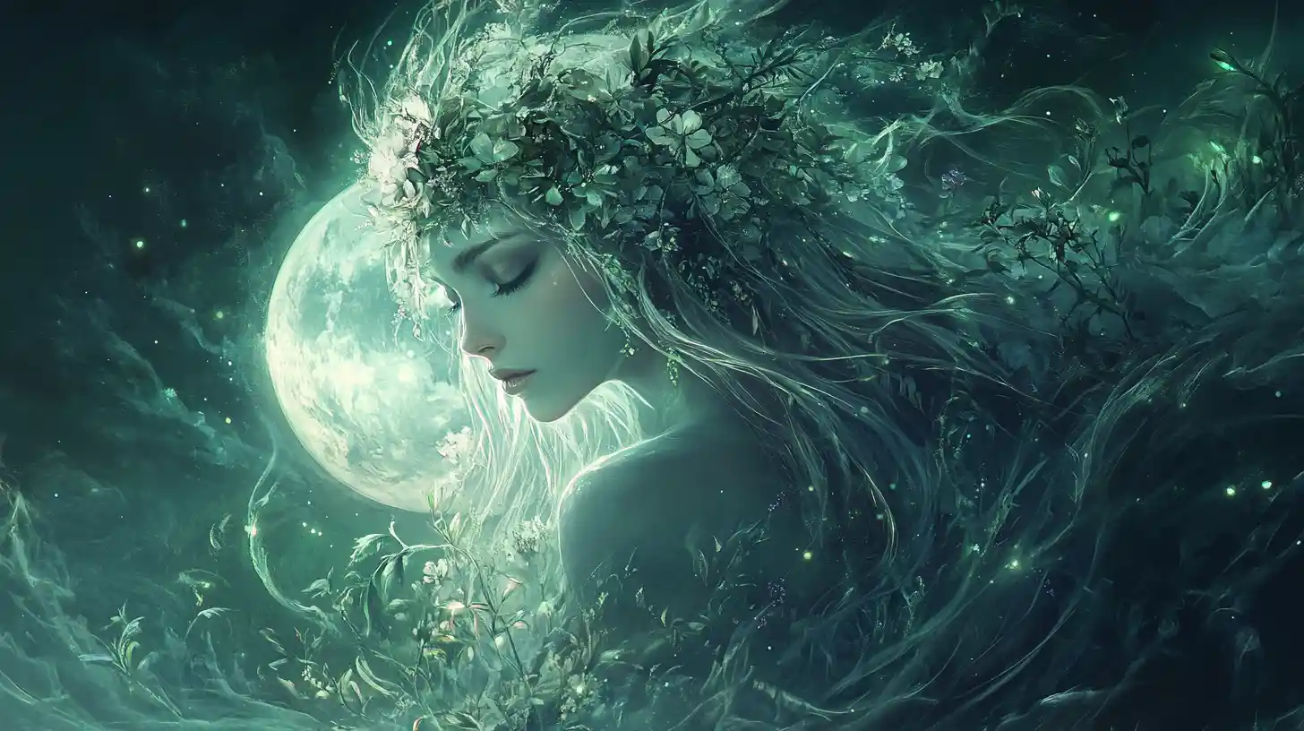 Dea eterea al chiaro di luna in una giungla fantasy luminosa