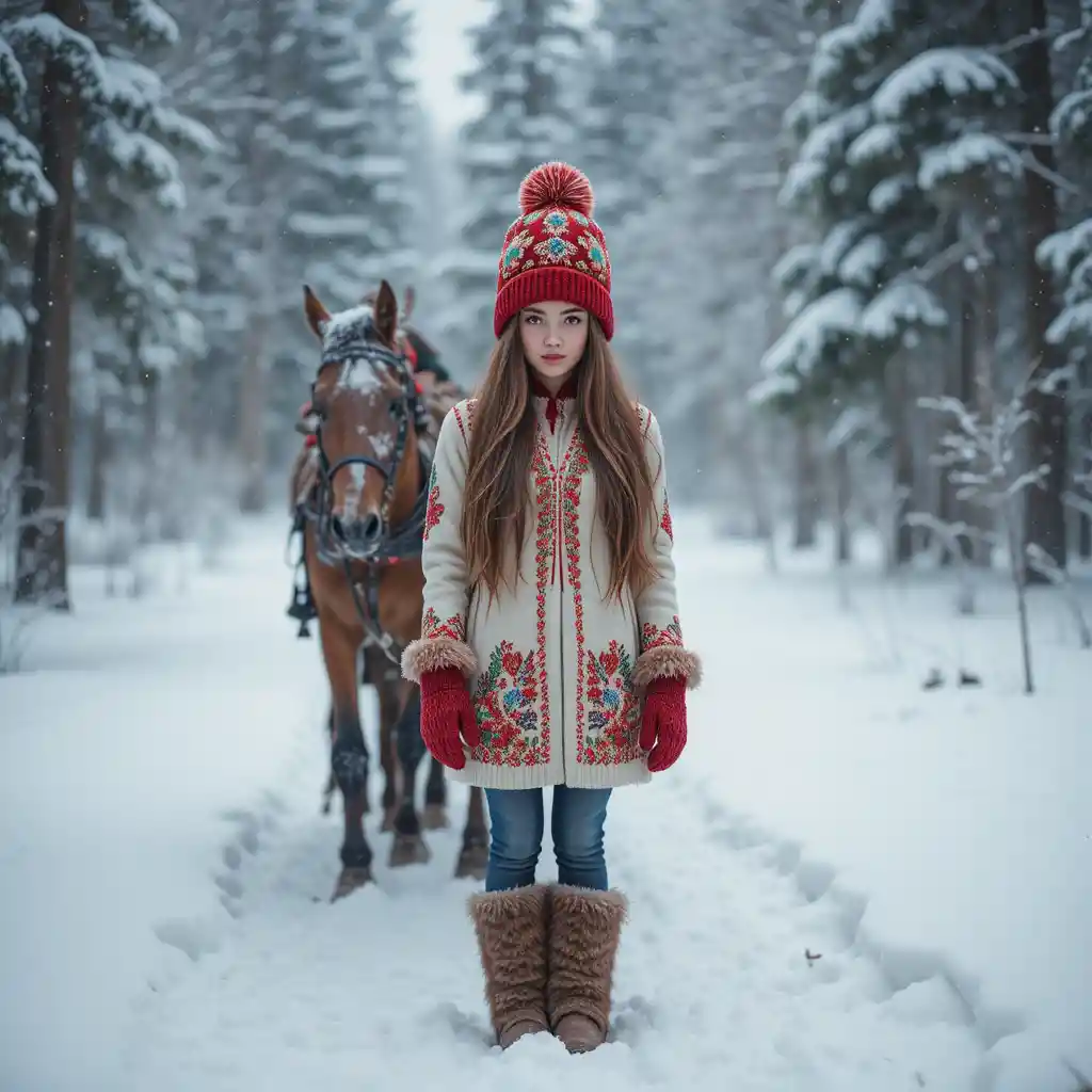 Giovane donna con cappello cremisi in una foresta siberiana innevata