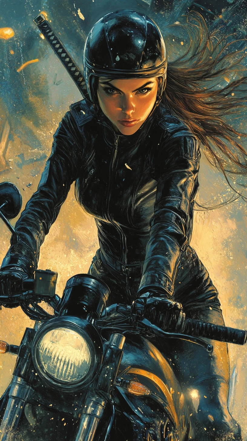 Guerrera con katana en una motocicleta futurista