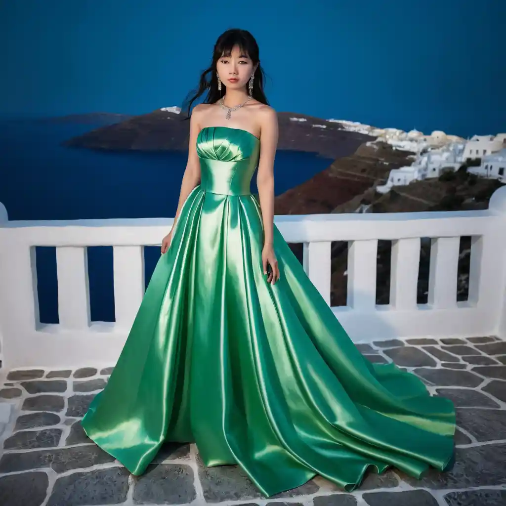 Elegant Japanese girl in green satin gown at night