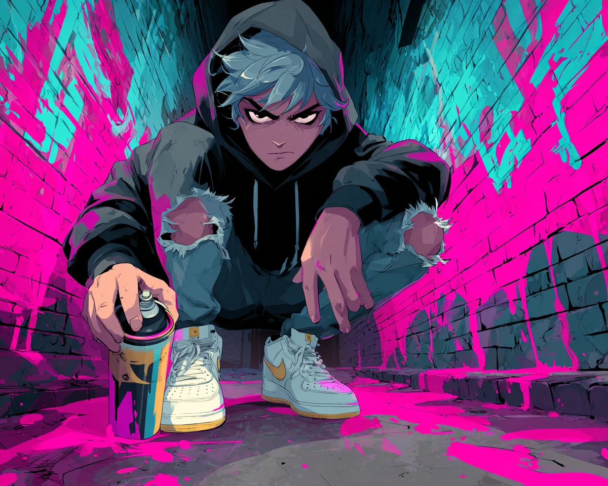 Artista de grafite em estilo anime pintando um gato neon no beco