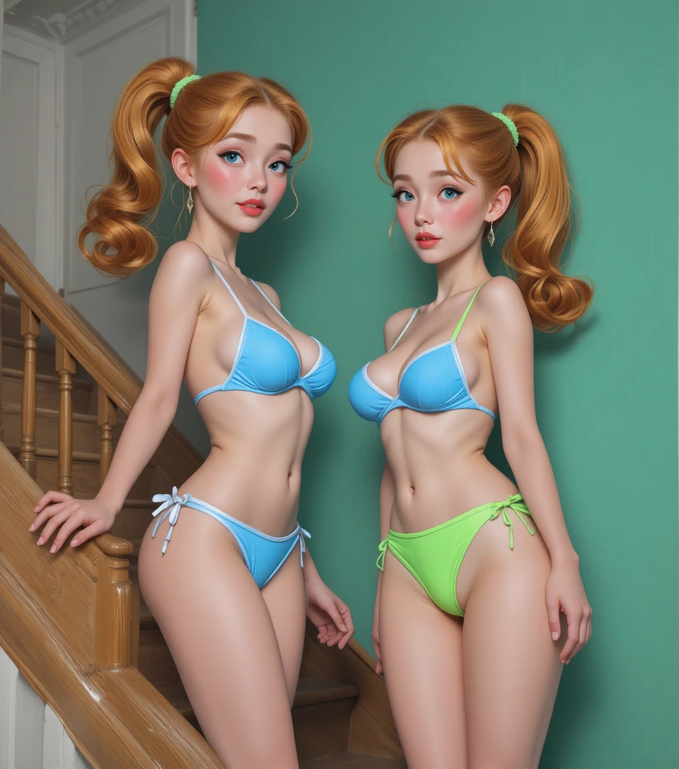Mujer rubia pin up en escalera de madera en interior vintage