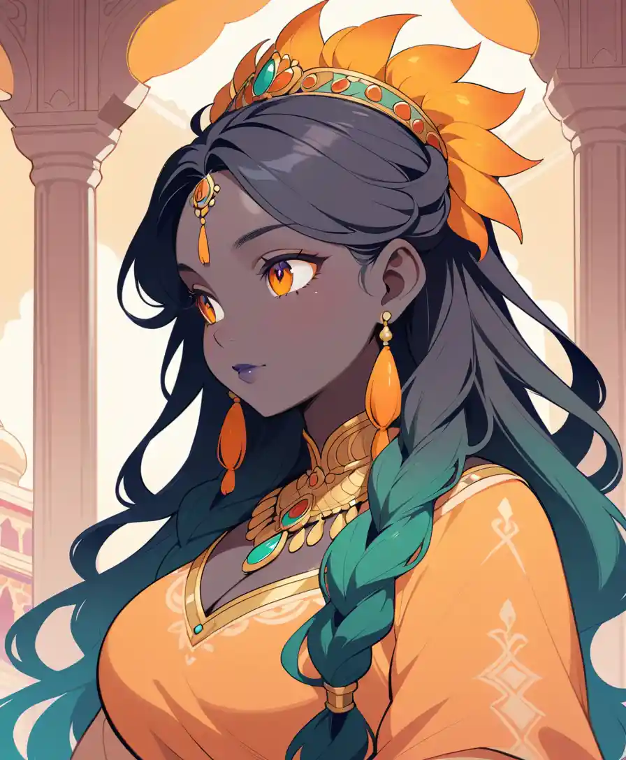 Elegant fantasy woman in orange attire at palace close up