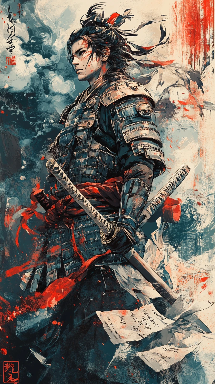 Young samurai in paper armor gazing upward with resolve