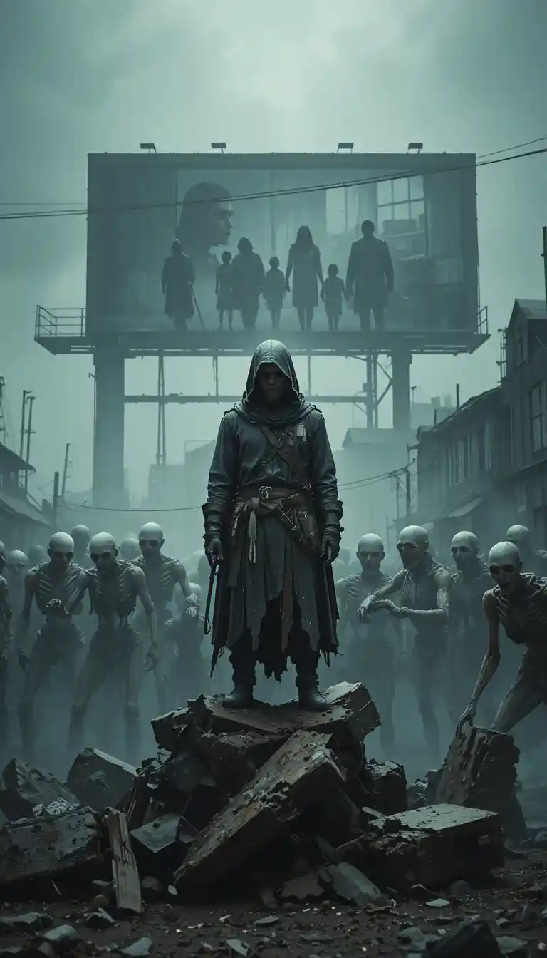 Hooded wanderer facing undead horde in ruined wasteland