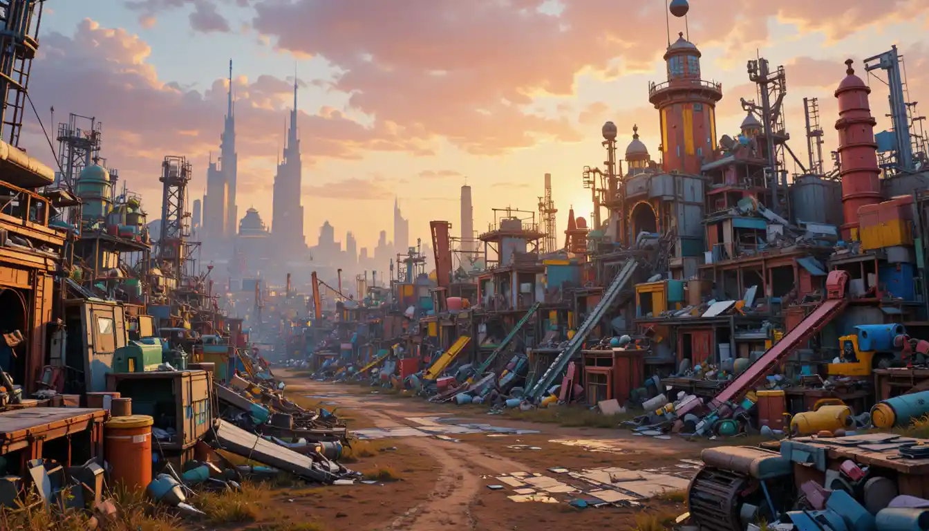Colorful scrapyard beside a futuristic city at sunset