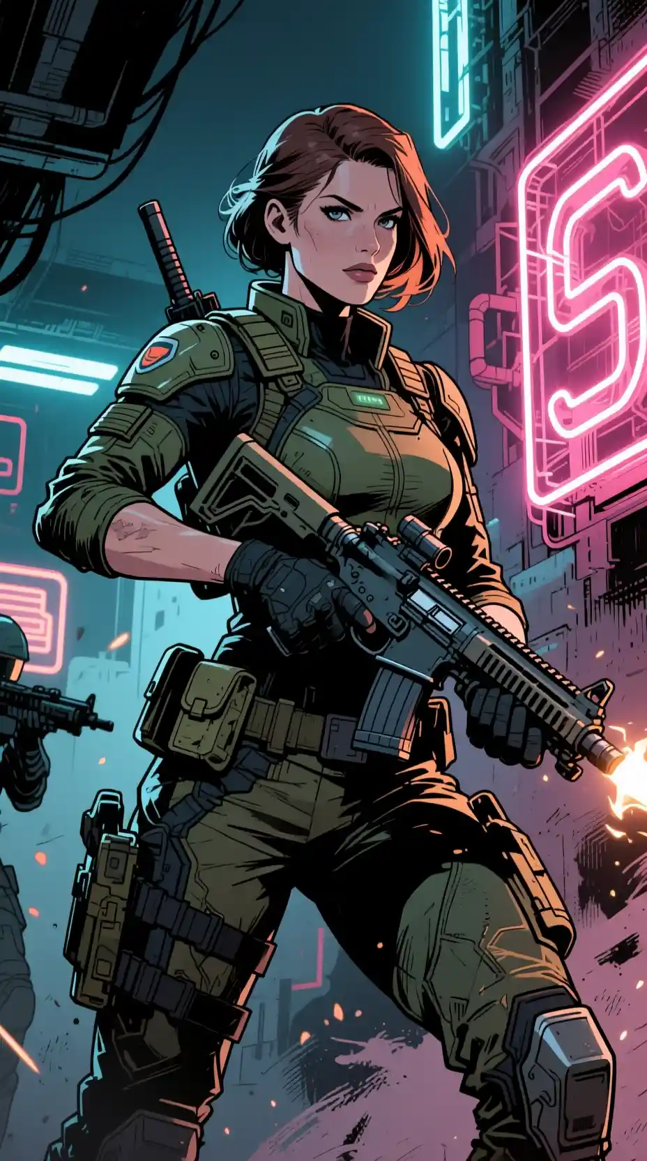 Sci fi woman soldier walking into neon lit battle