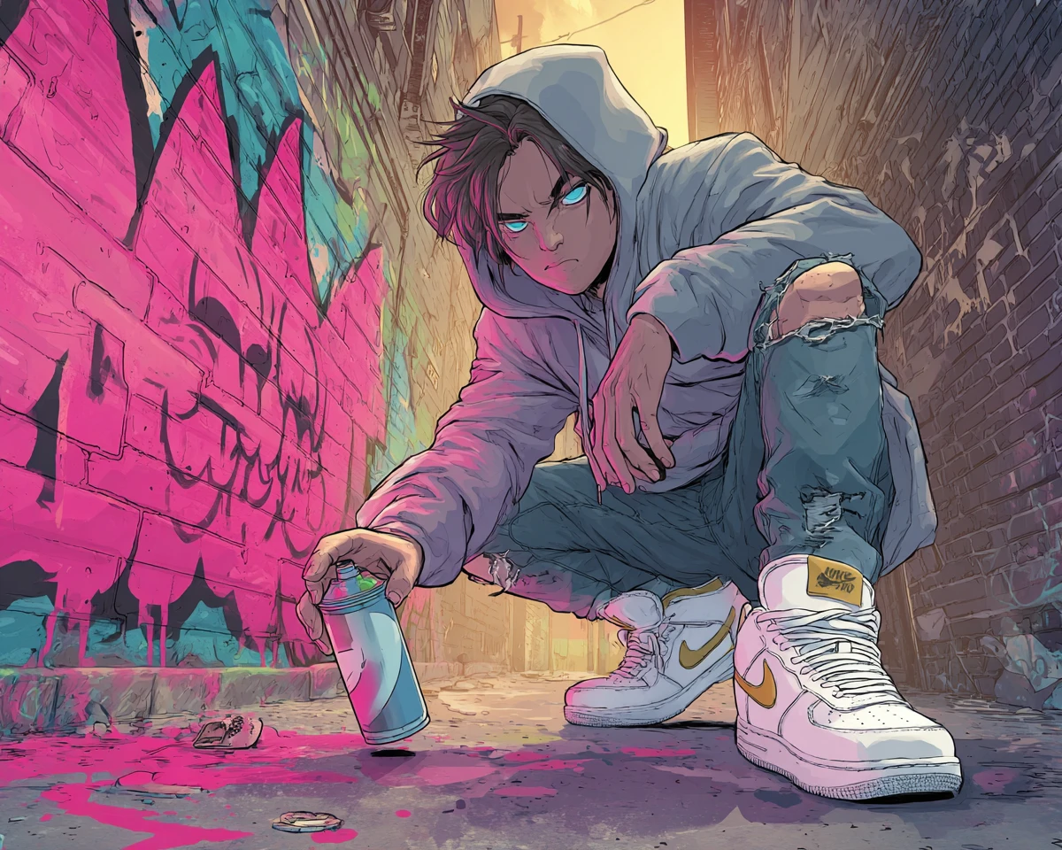 Young graffiti artist painting vibrant cat mural in alley