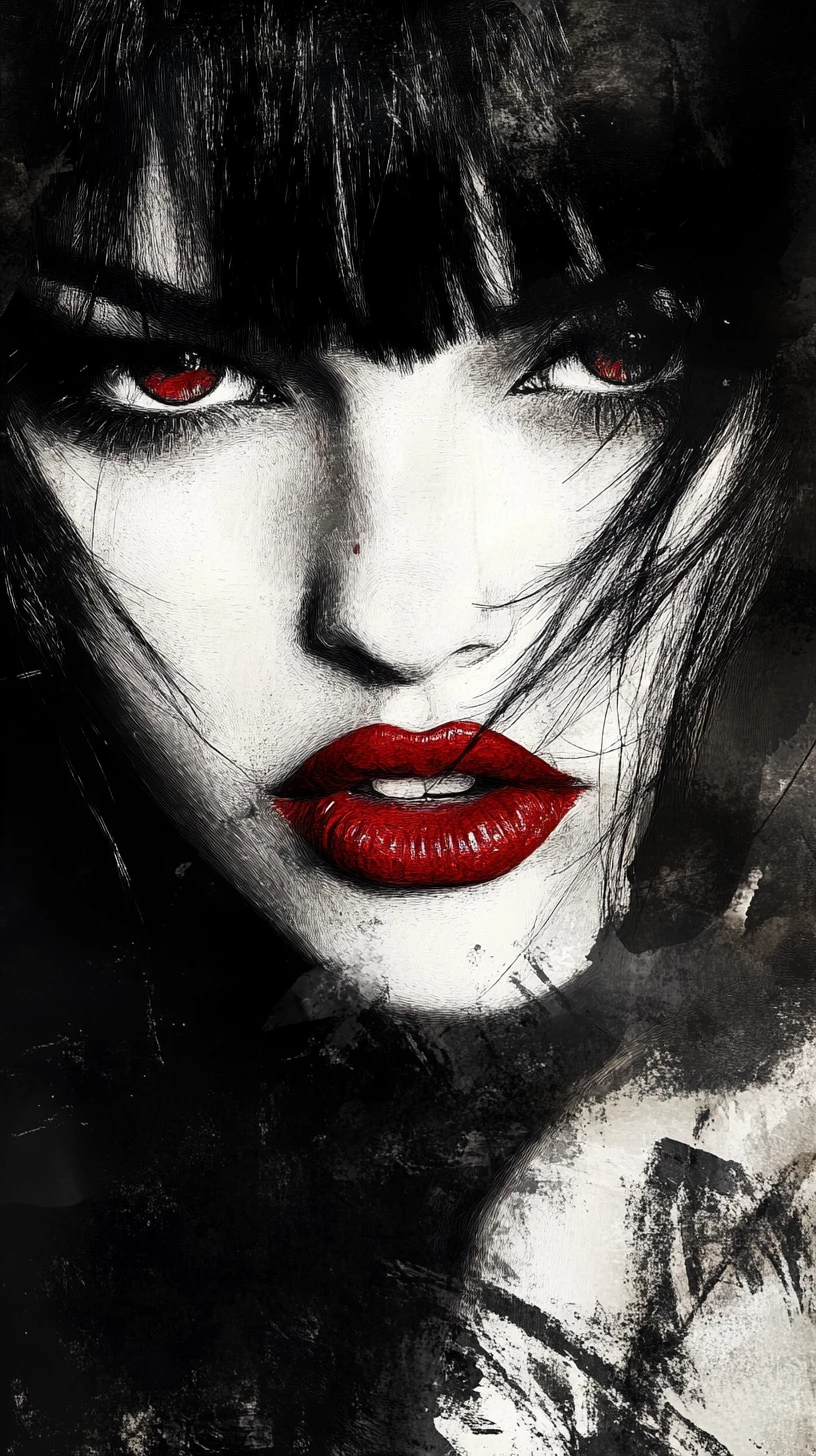 Ink portrait of a woman with red eyes and lips