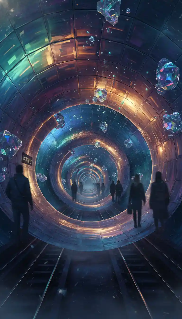 Surreal subway station with spiral tunnels and glowing walls