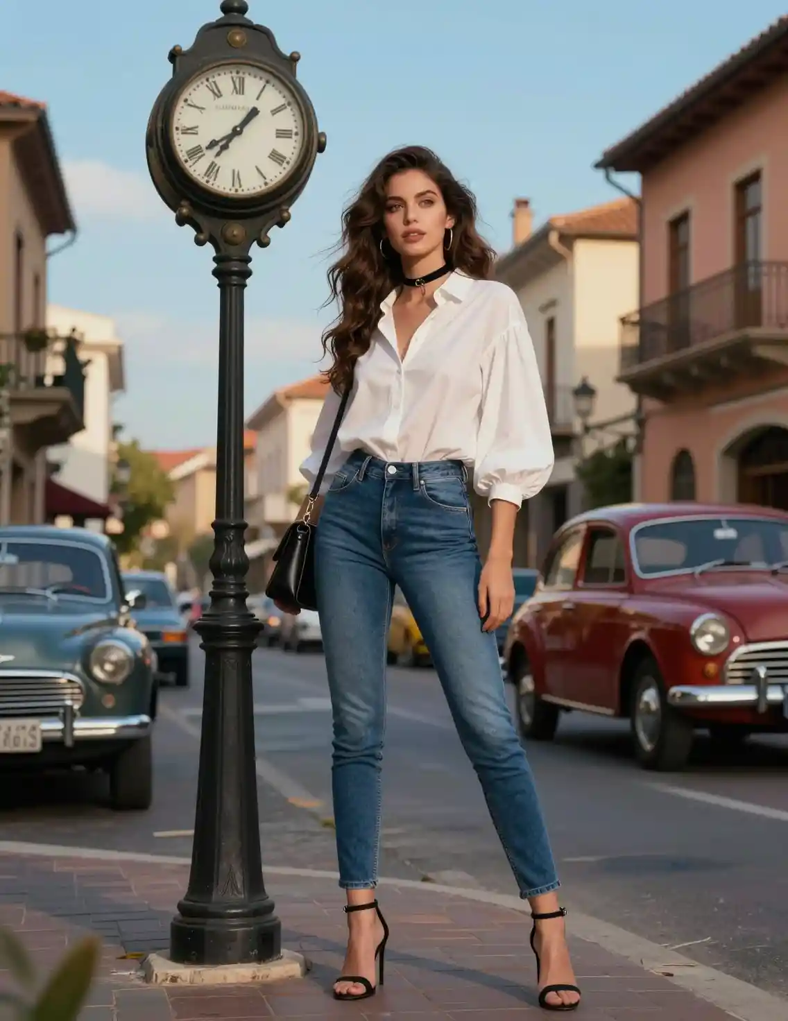 Elegante donna italiana accanto a un orologio stradale d’epoca in città