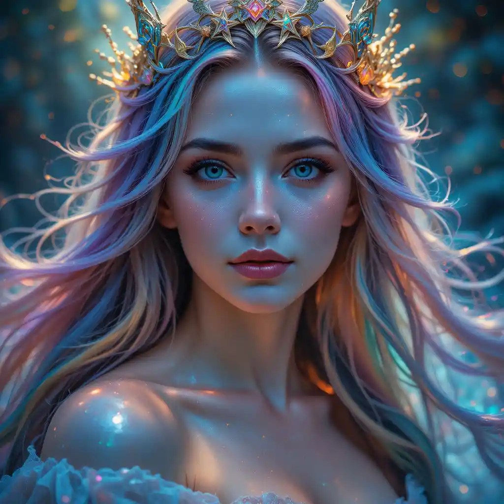 Ethereal goddess woman with rainbow hair and star crown