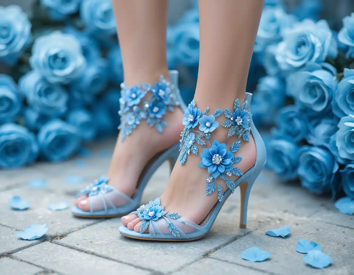 Elegant blue floral high heels among scattered roses