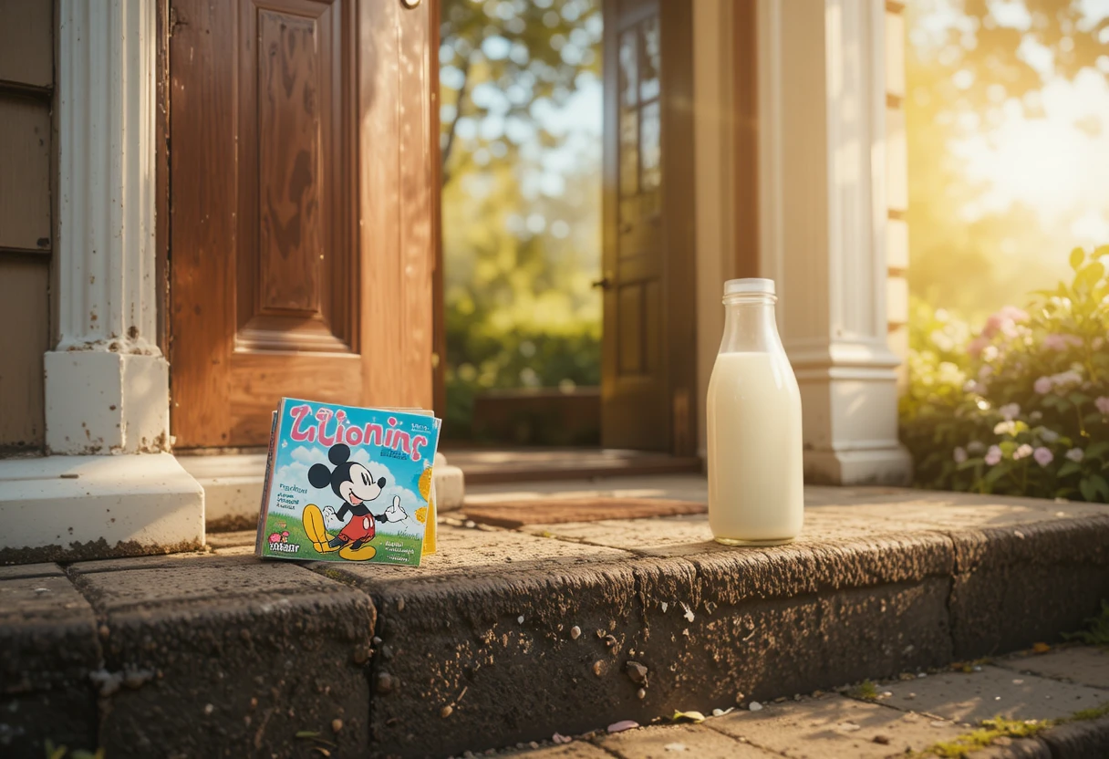 Milchflasche und Kindermagazin auf einer sonnigen Haustürschwelle