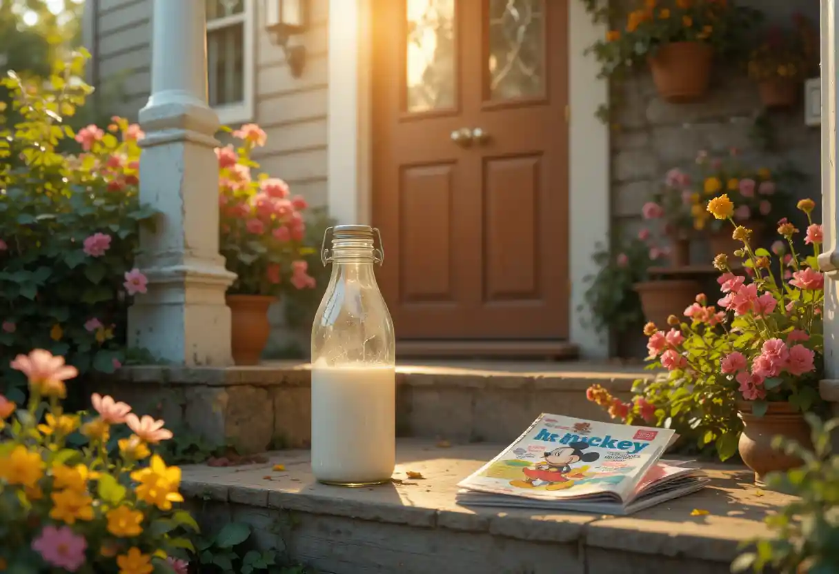 Vintage-Milchflasche und Magazin auf sonniger Haustürstufe