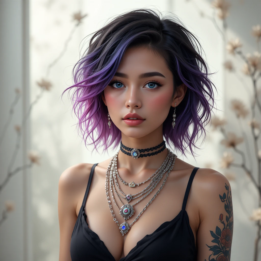 Porträt einer blauäugigen Frau mit kurzem lila Ombre-Haar