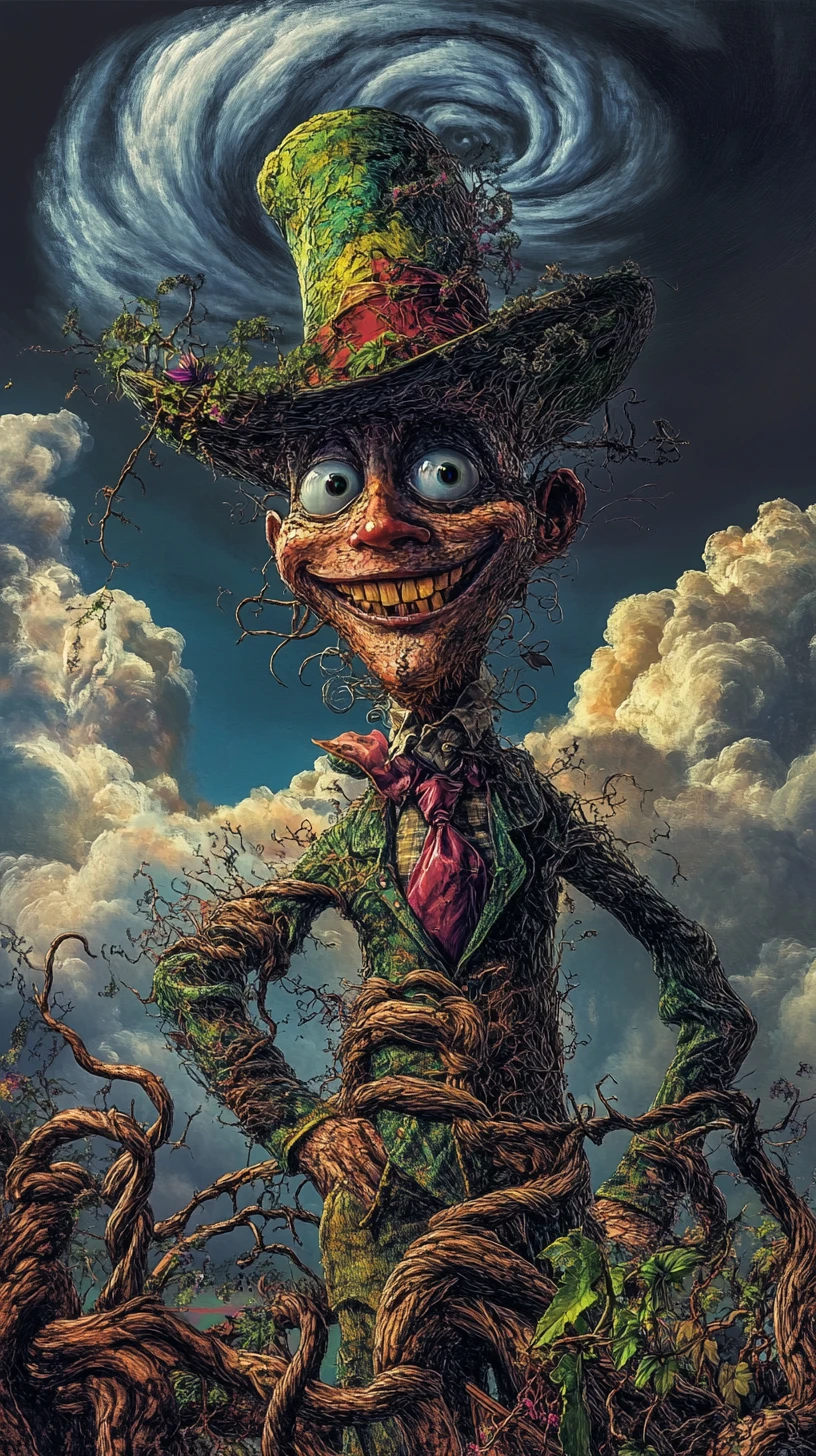 Surreal bandit woman under a swirling dreamlike sky