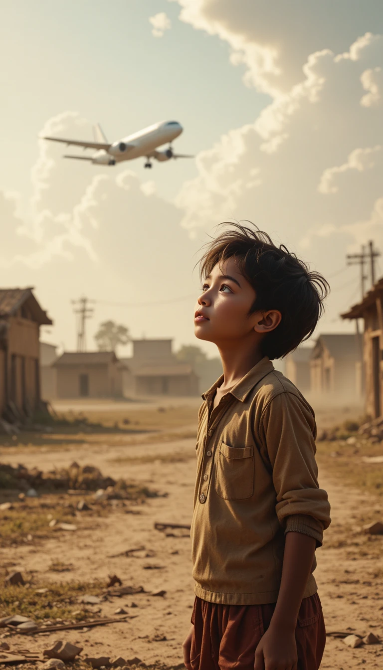 Niño observando un avión sobre una polvorienta pista de aterrizaje en una aldea