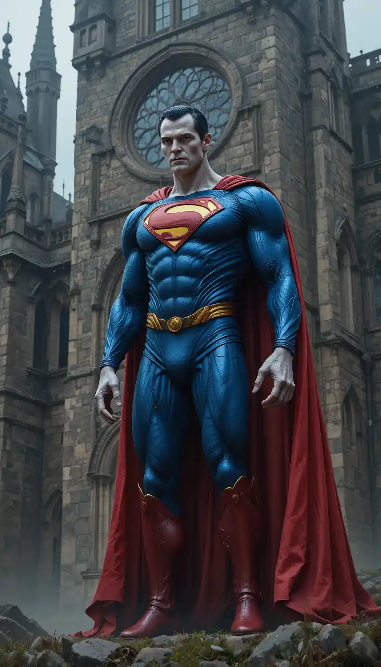 Frankenstein Monster In Superman Costume Beside Gothic Castle