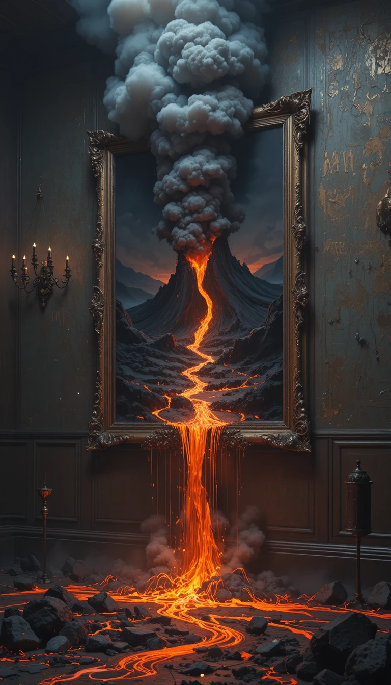 Volcanic Lava Erupting From A Framed Painting Onto The Floor